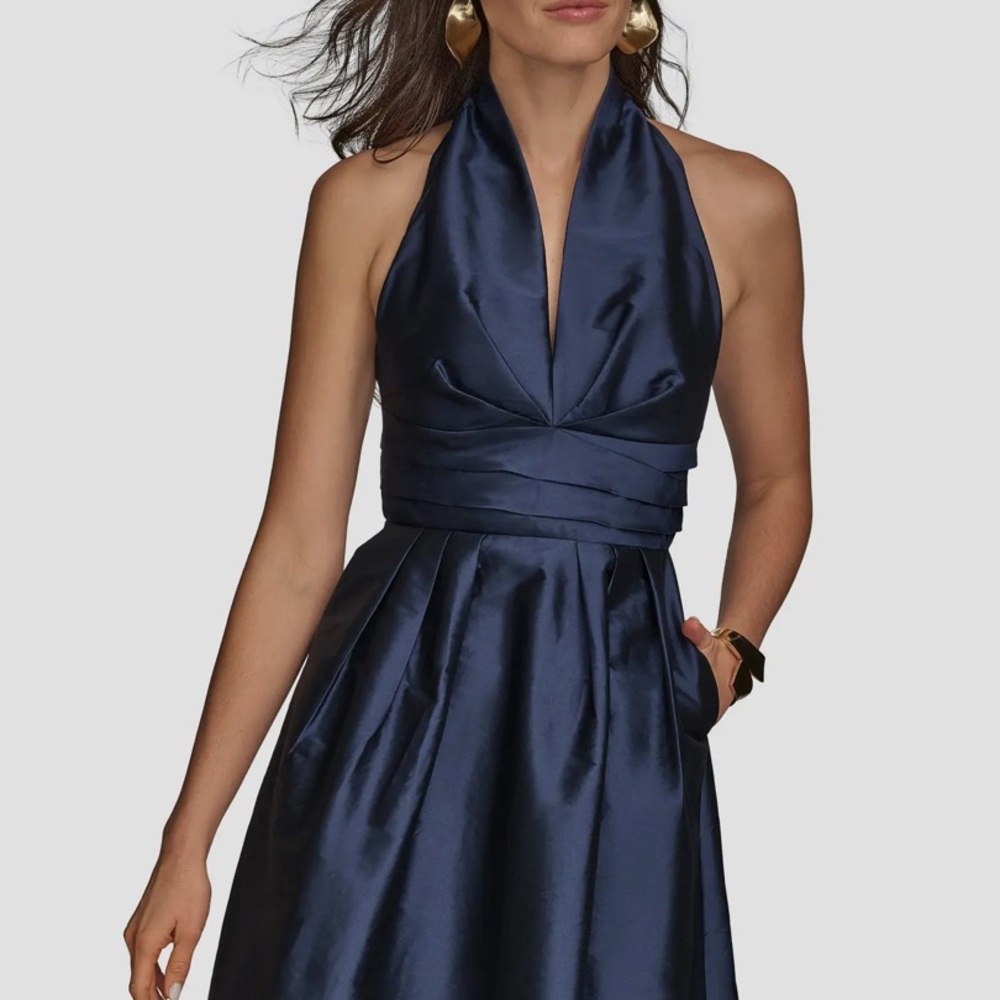 Donna Karan New York Plunge Neck Taffeta Midi Dress - Picture 5 of 9